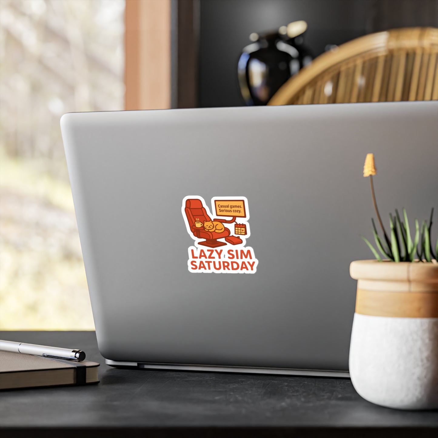 Lazy Sim Saturday Vinyl Decal - Cozy Gaming Sticker for Casual Gamers